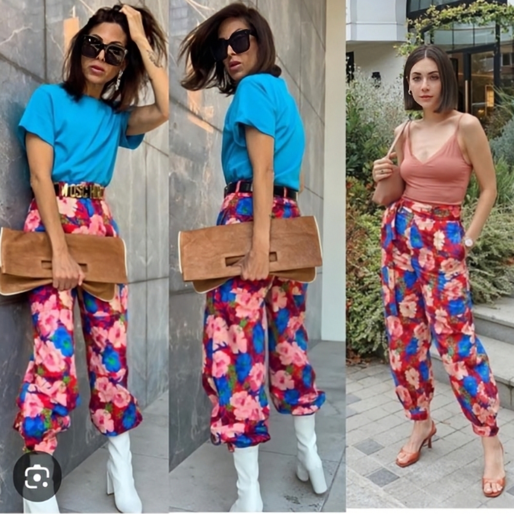 ZARA Bold Floral Cropped Cargo Ankle Pants Size S High Waist Pink Red Blue NWT - Picture 6 of 16